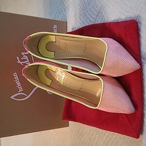 Christian Louboutin Follies Lace Raphia Flourescent Pumps, Size 38